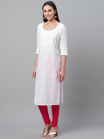 White Pot Neck Embroidered Kurta