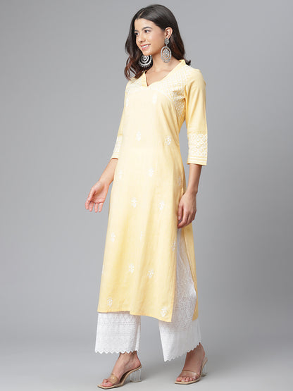 Yellow V-neck Chikankari Kurta