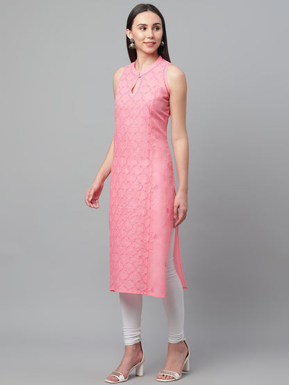 Pink Sleeveless Chikankari Collared Kurta