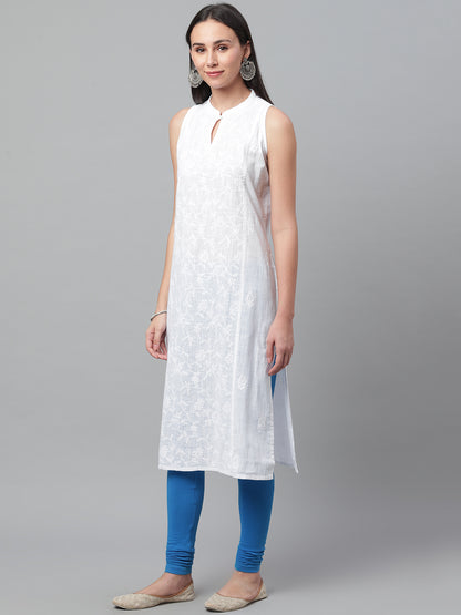 White Cotton Chikankari Kurta with Mandarin Collar