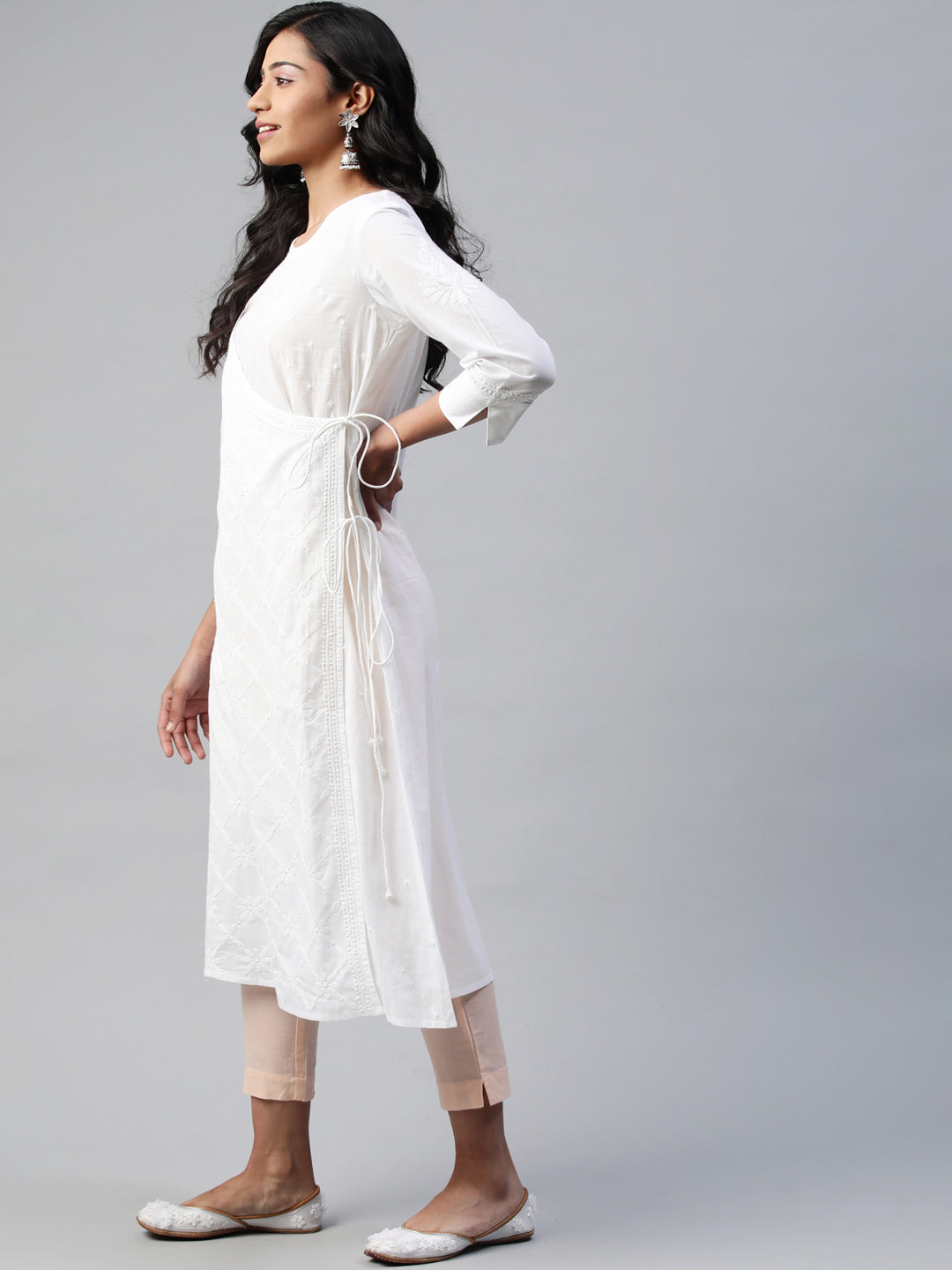 White Embroidered Angarkha with Side Tie-Ups