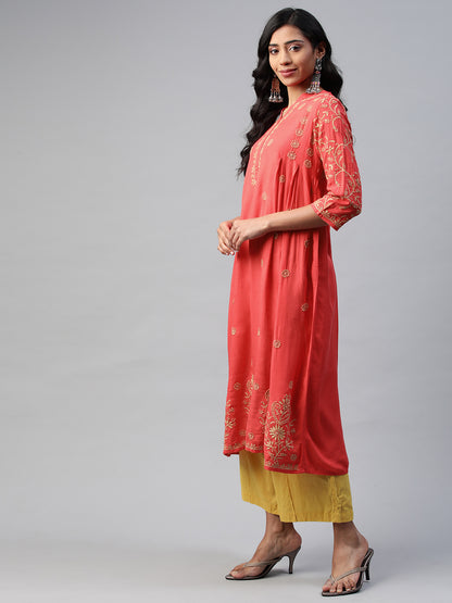 Red Rayon Flared Chikankari Kurta