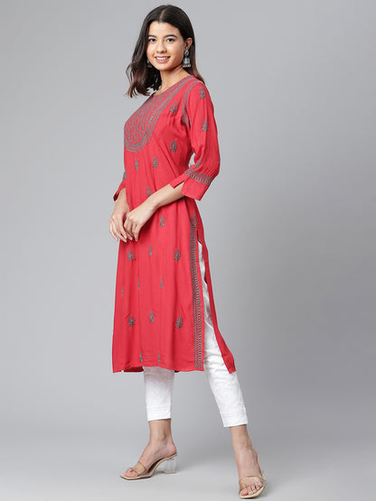 Rayon Red Chikankari Kurta