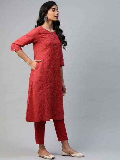 MGAK229RDL Red Cotton Kurta- A Line