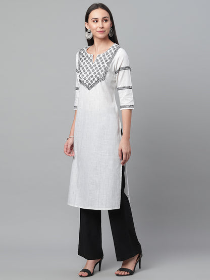 White Ikat Chikankari Straight Kurta