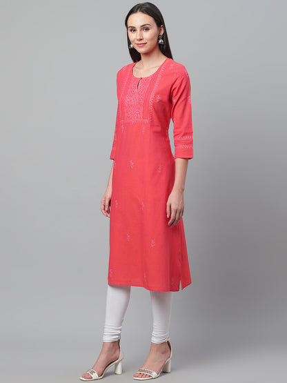 Mangalgiri Pink Embroidered Kurta with Pocket