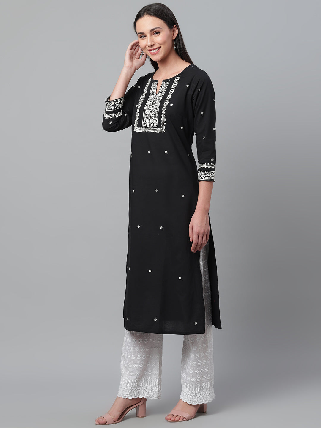 Black & White Chikankari Embroidered Straight Kurta