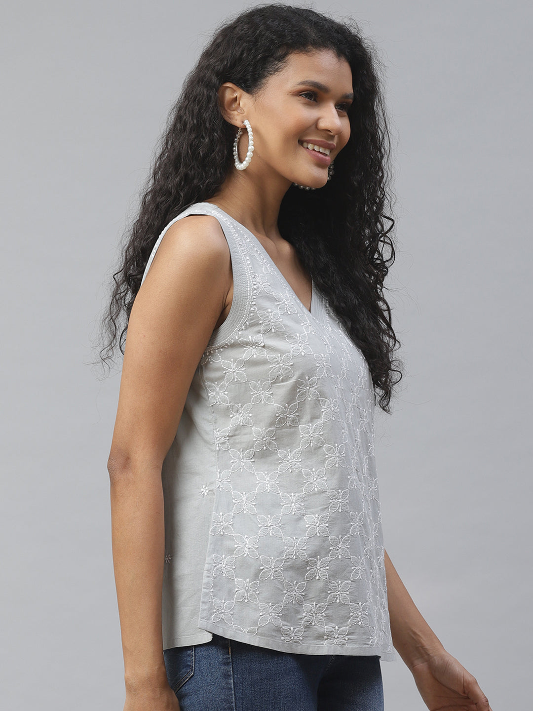 Grey V-Neck Embroidered Sleeveless Top