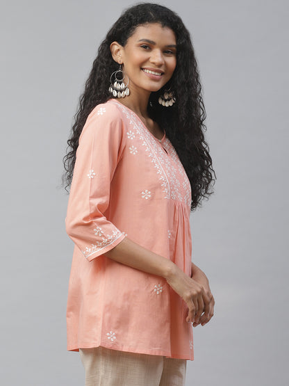 Peach Chikankari Gathered Top