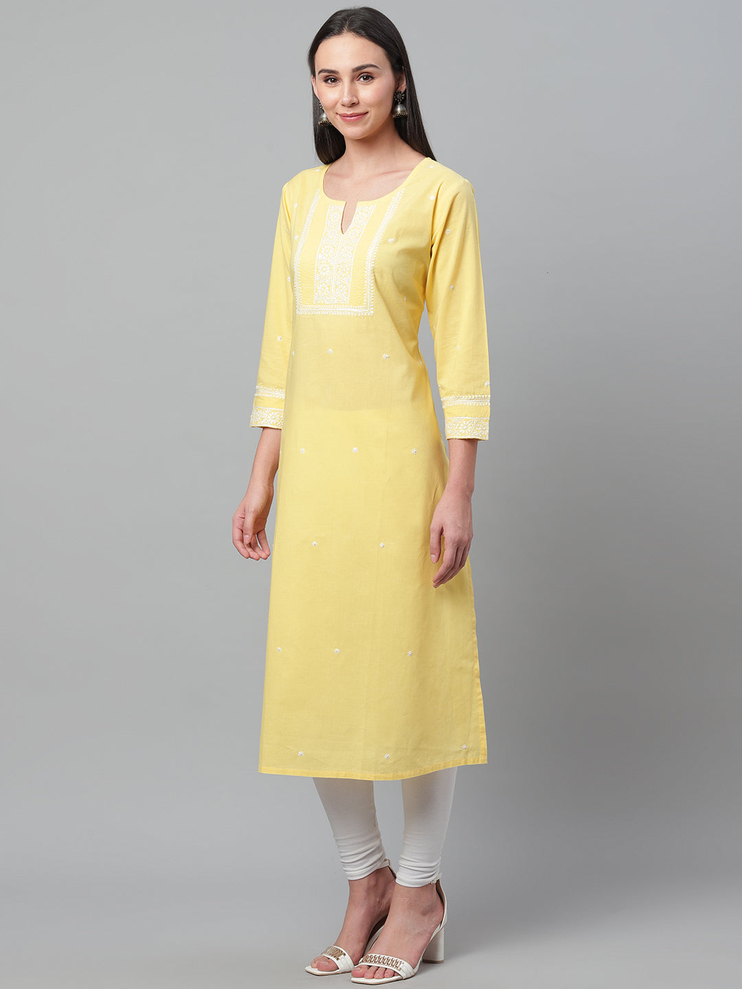Lemon Yellow Long Chikankari Kurta