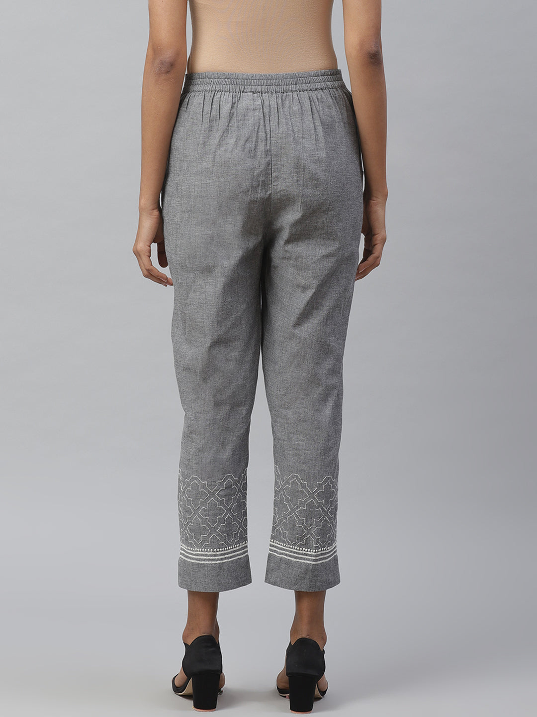 Grey Cropped Chikankari Trousers