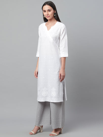 White Embroidered Dobby Angarkha Style Kurta