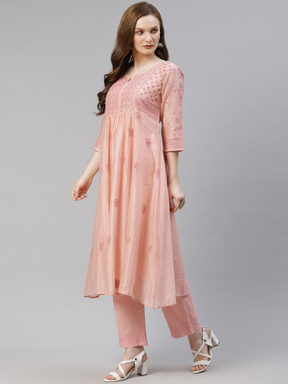 Rose Pink Chikankari Gathered Long Kurta