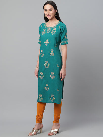 Teal & Beige Cotton Chikankari Kurta