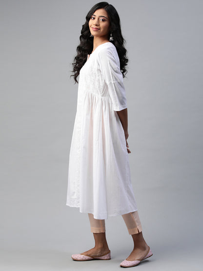 White Chikankari Flared Kurta with Side Gathers