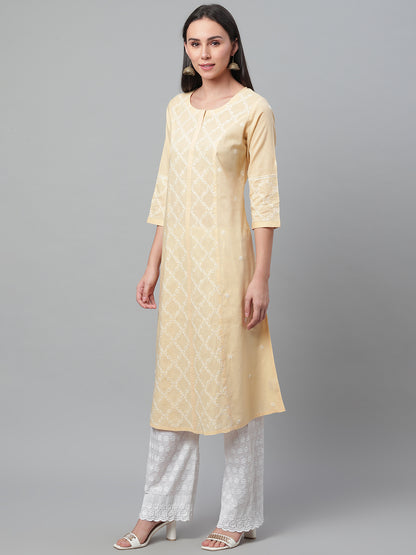 Beige Anarkali Chikankari Kurta