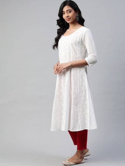 White Anarkali Dobby Hand-Embroidered Kurta