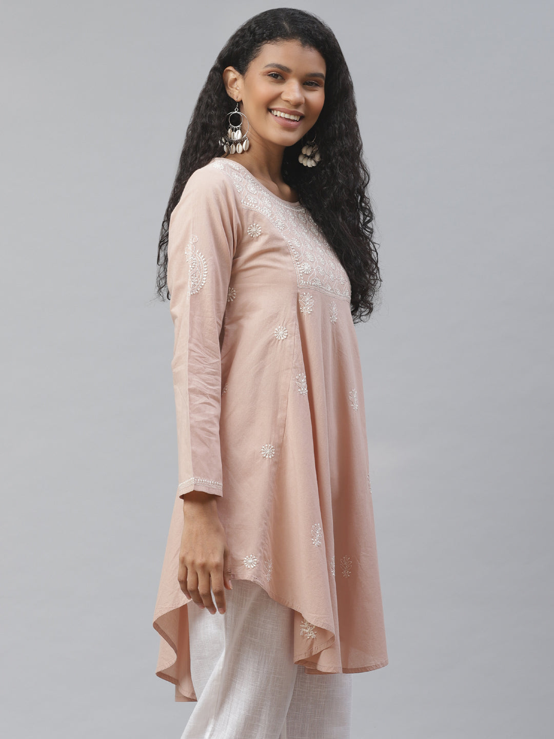 Beige & White Chikankari Asymmetric Kurta