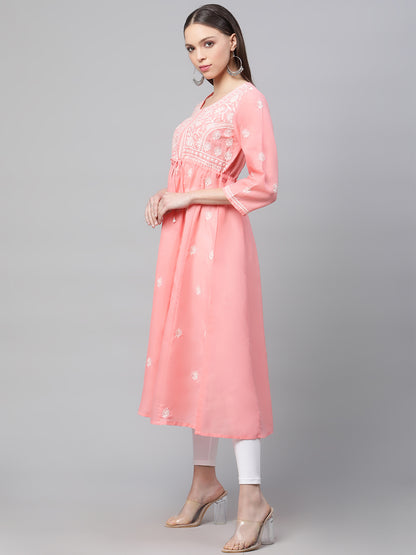 Pink Chikankari Flared Kurta with Waist Tie-Ups