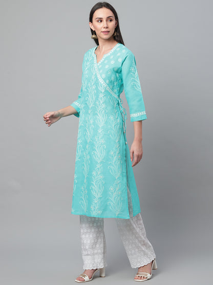 Turquoise Chikankari Embroidered Angarkha