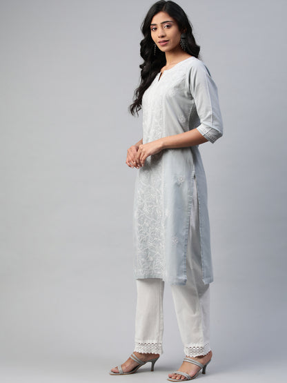 Grey Chikankari Straight Kurta