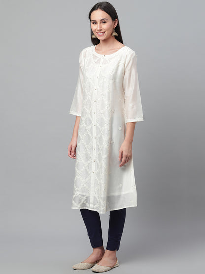 Off-White Chikankari Silk A-Line Kurta