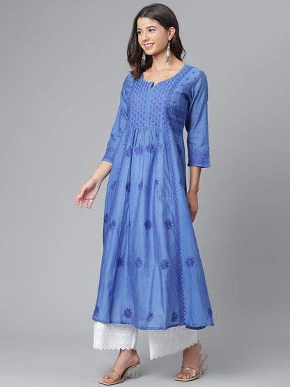 Royal Blue Chikankari Flared Kurta with Slip