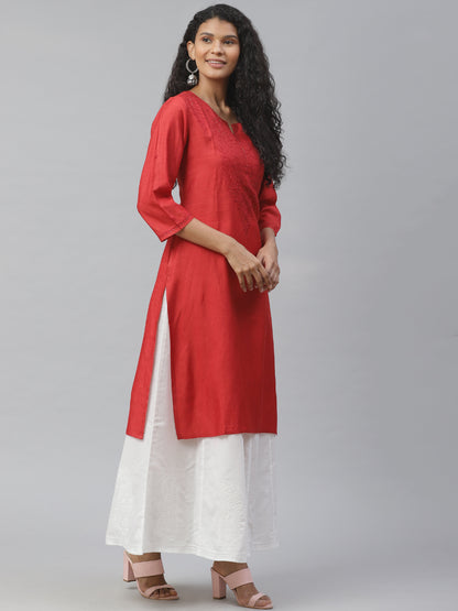 Red Silk Chikankari Kurta