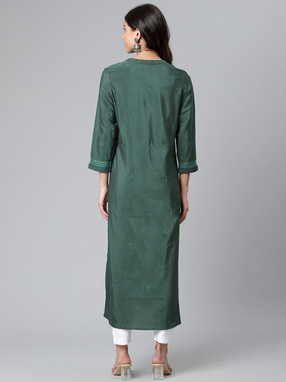 Bottle Green Embroidered Poly Silk Kurta