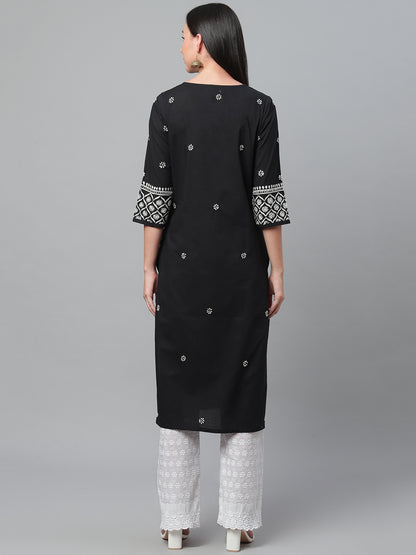 Black & White Embroidered Straight Kurta