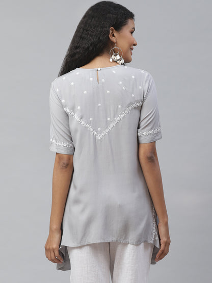 Grey Assymetric Chikankari Top