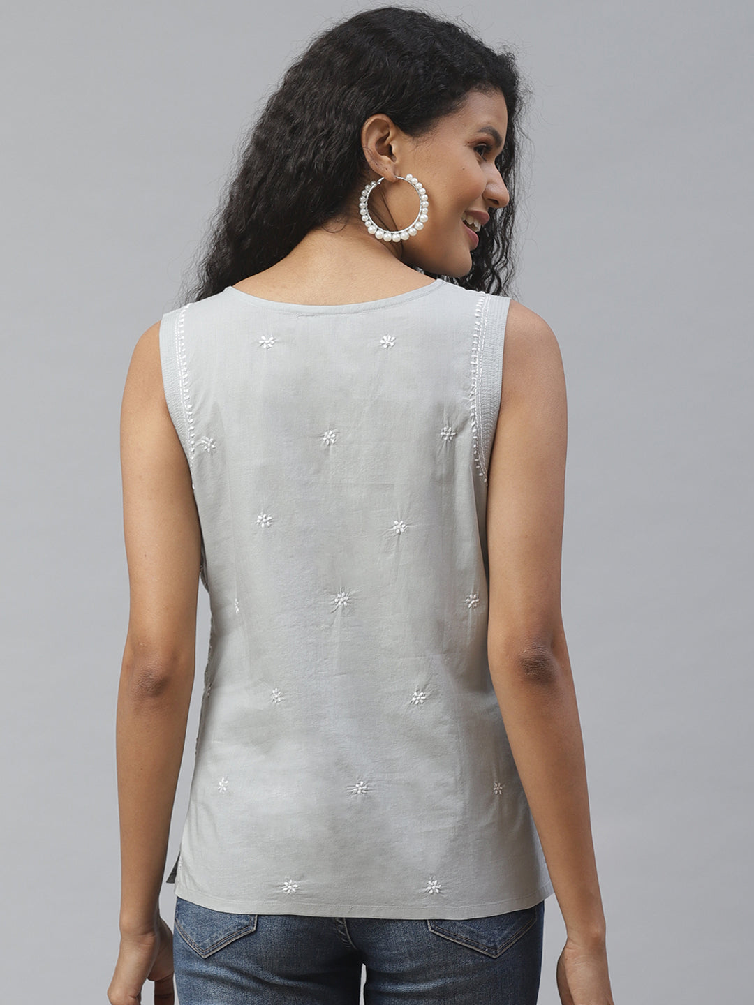 Grey V-Neck Embroidered Sleeveless Top