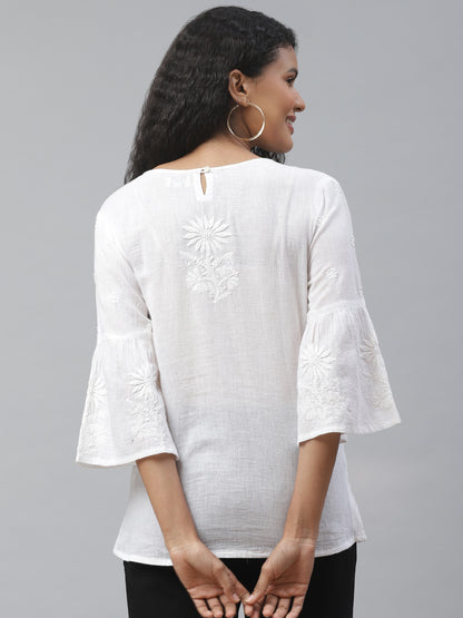 Off White Embroidered Top with Ruffled Sleeves