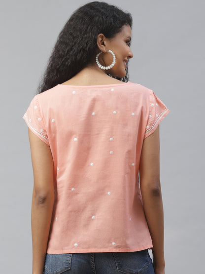 Peach Tepchi Boat-Neck Chikankari Top