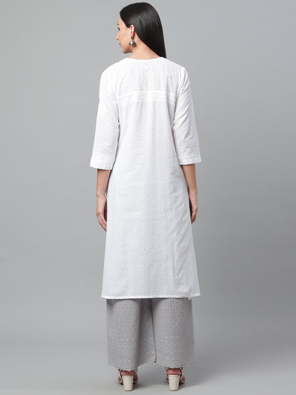 White Embroidered Dobby Angarkha Style Kurta