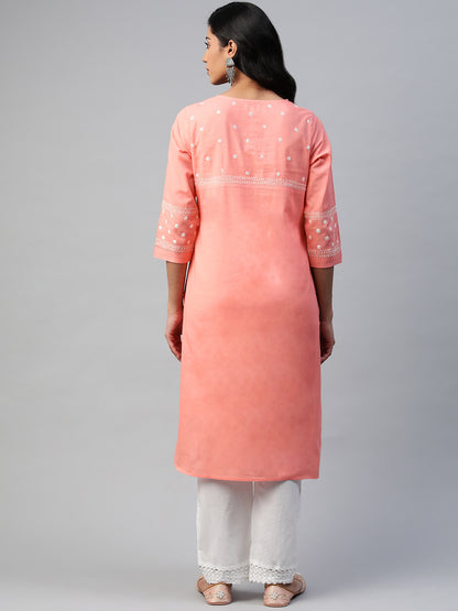 Peach Round Hem Kurta with All-Over Embroidery