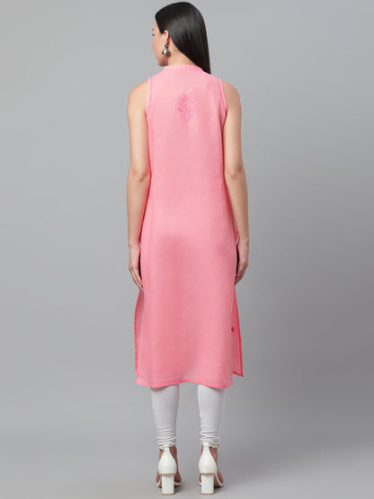 Pink Sleeveless Chikankari Collared Kurta