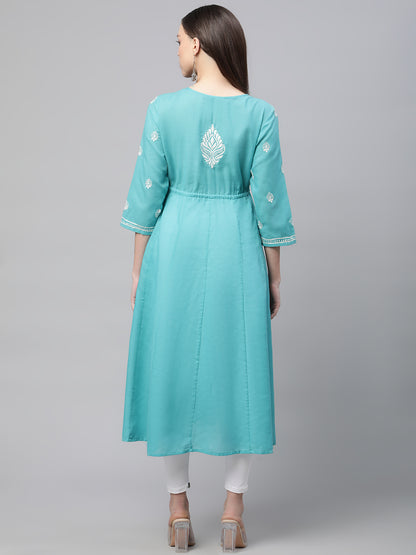 Blue Chikankari A-line Kurta with Waist Tie-Ups
