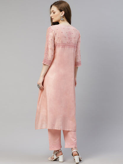 Rose Pink Chikankari Gathered Long Kurta