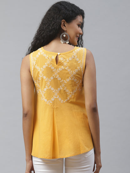 Yellow Sleeveless Chikankari A-Line Top