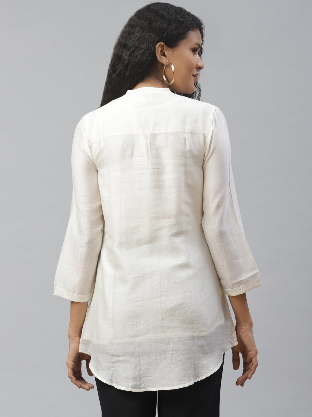 Off White Silk Embroidered Long Shirt
