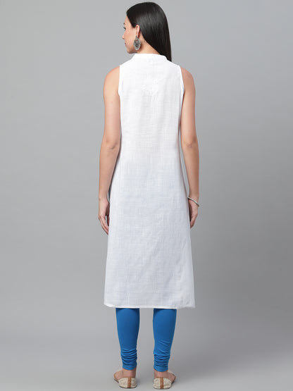 White Cotton Chikankari Kurta with Mandarin Collar