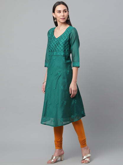 Bottle Green Chanderi A-Line Kurta With Tassels