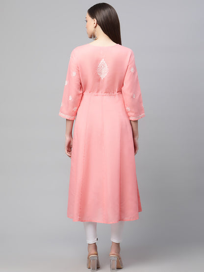 Pink Chikankari Flared Kurta with Waist Tie-Ups