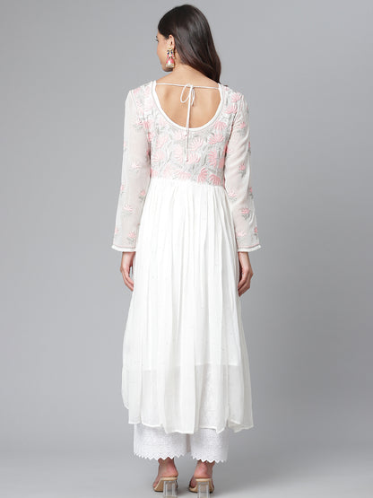 White Georgette Hand-Embroidered Flared Kurta
