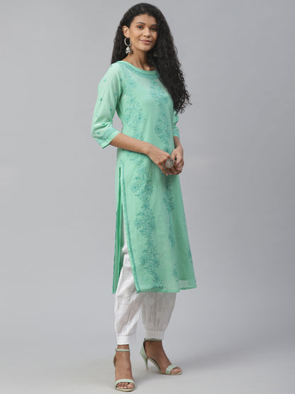 Green Chanderi Boat Neck Embroidered Kurta