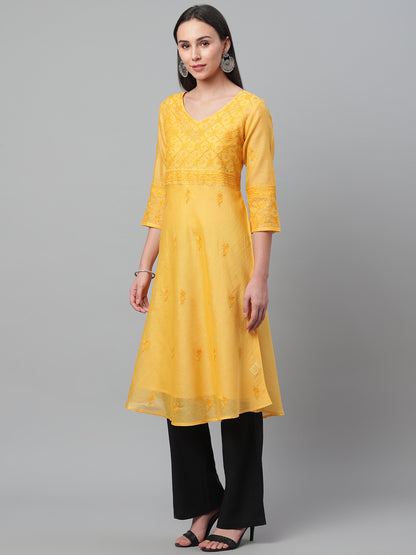 Yellow Chikankari Silk A-Line Kurta