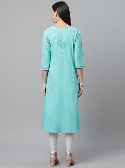 Turquoise A-Line Chikankari Kurta