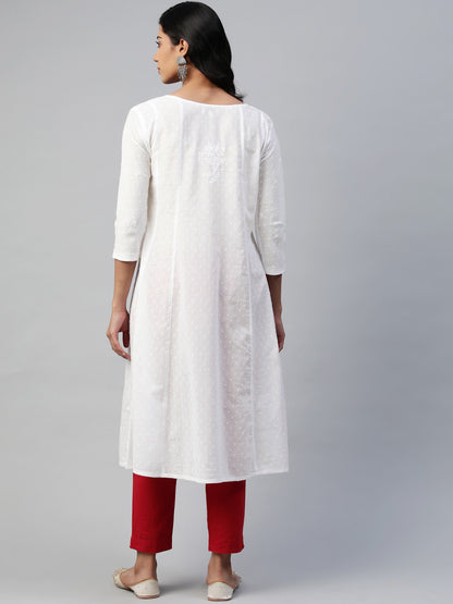 White Anarkali Dobby Hand-Embroidered Kurta