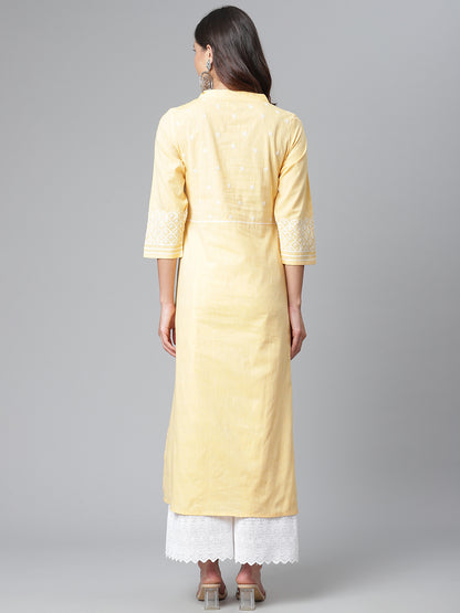 Yellow V-neck Chikankari Kurta
